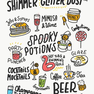 May include: A whimsical illustration titled "Ways to Use Shimmer Glitter Dust." It features colorful drawings of food and drinks, including pancakes, cocktails, and beer, with text labels like "Spooky Potions" and "Jello Shots."
