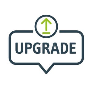 May include: A blue speech bubble with a white outline and the word "UPGRADE" in black text. An arrow pointing upwards is inside a green circle above the speech bubble.