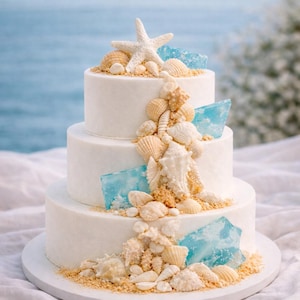 May include: A three-tiered white cake decorated with seashells, a white starfish, and blue-tinted sugar glass. The cake is adorned with sand-like granules and various seashells, creating a beach-themed design. The cake sits on a white cake stand.