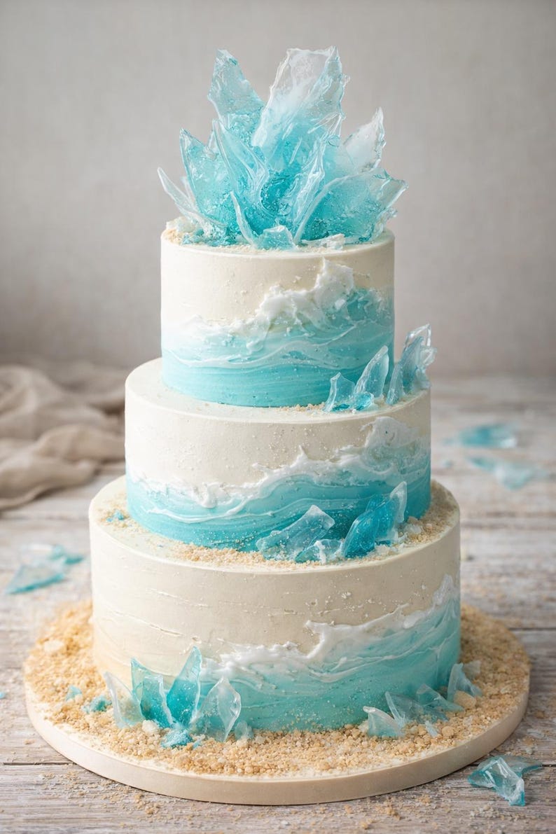 Wave Cake Design Ocean Themed Sugar Candy Cake Topper, Isomalt Shards, Beach Cake ...