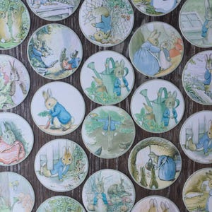 Peut inclure: Ensemble de dessous de verre circulaires avec des illustrations de Pierre Lapin et d'autres personnages du livre pour enfants. Les dessous de verre ont une bordure blanche et sont disposés sur une surface en bois. Les illustrations représentent des scènes avec des lapins dans diverses poses et décors.