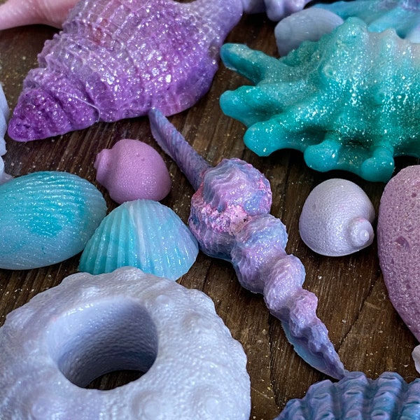 Hard Candy Edible Sugar Shells - Mermaid Mix - Very detailed - Cupcake or Cake Topper Beach Wedding decorations