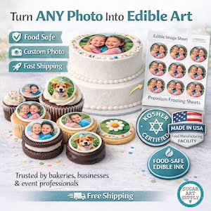 May include: An assortment of edible art items, including a two-tiered cake, cupcakes, cookies, and frosting sheets. Each item features a custom photo. The image also includes text that says "Turn ANY Photo Into Edible Art" and "Food Safe".