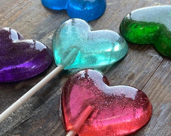 Edible Glitter Infused Heart Lollipops on a Stick Hard Candy Cake Topper Party Favors