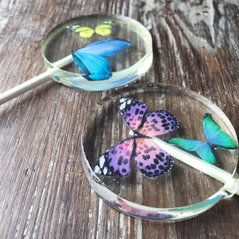 Op de afbeelding: Twee heldere lolly's met vlindermotieven. E&eacute;n lolly heeft een blauwe vlinder met gele accenten en de andere heeft een paarse vlinder met zwarte stippen en een groene vlinder met blauwe accenten.