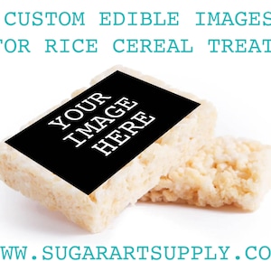 May include: Two white rice cereal treats with a black square on top that says "YOUR IMAGE HERE". The treats are on a white surface. The text "WWW.SUGARARTSUPPLY.COM" is at the bottom of the image.