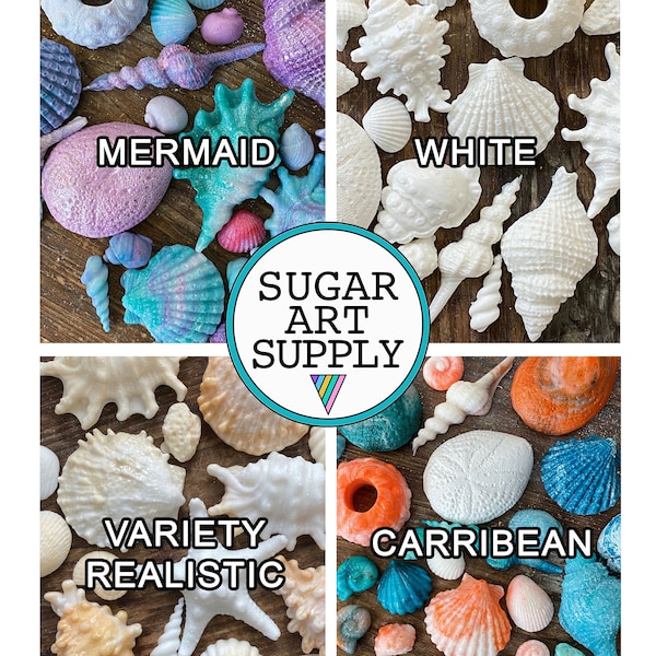 Hard Candy Edible Sugar Shells - Very detailed - Cupcake or Cake Topper Beach Wedding decorations