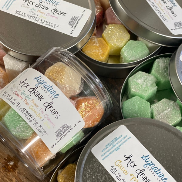 Shimmering Sugar Hex Drink Drops Flavored Sugar Cubes for Mocktails, Summer Drinks Cranberry,Pina Colada,Peach Lime,Lemonade Mint, Orange,