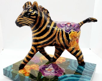 Zula the Zebra - Paper Mache Clay Sculpture