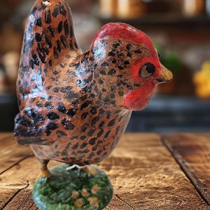 OOAK Whimsical Paper Mache Clay Brown and Black Chicken