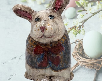 Handmade Antiqued Paper Mache Easter Bunny: Whimsical OOAK Decor