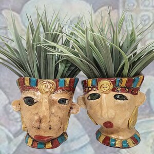 A Pair of Hand built Clay Planters - The Whimsical Mayan King and Queen