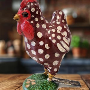 OOAK Whimsical Paper Mache Clay Red and White Chicken