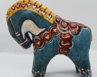 9 inch Tall Paper Mache Clay Blue Swedish  Dala Horse Sculpture