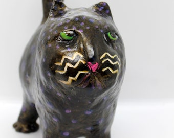 Paper Mache Clay Cat Sculpture - Mr Midnight