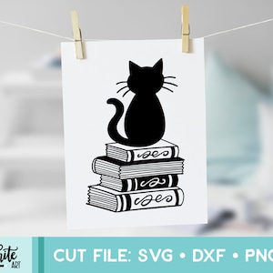 Cat on a stack of Books SVG, Hand Drawn Cut File, Cricut, Silhouette, Cut Machine File, Vector Illustration, Instant Download