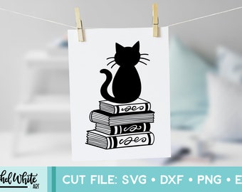 Cat on a stack of Books SVG, Hand Drawn Cut File, Cricut, Silhouette, Cut Machine File, Vector Illustration, Instant Download