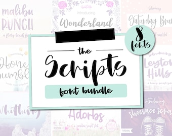 May include: A graphic featuring a font bundle called "The Scripts." The bundle includes 8 fonts with various styles, including brush script and modern script fonts. The fonts are displayed with sample text in different colors and styles.