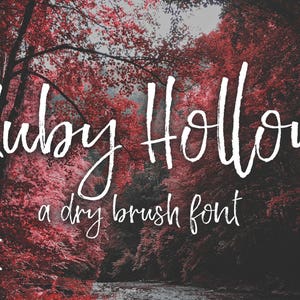 Puede incluir: Un diseño de fuente blanca con el texto "Ruby Hollow" y las palabras "a dry brush font" sobre un fondo de bosque rojo y verde.