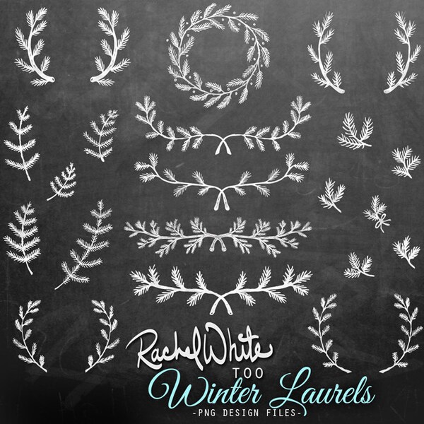 Winter Laurels Illustrations - 60 Images in Black, White, and Color - PNG, 300 dpi, 6 inches - Instant Download