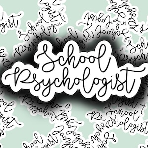 May include: A white background with the words "School Psychologist" written in black cursive lettering. The words are repeated multiple times in a random pattern.