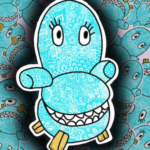 May include: A turquoise sticker featuring a cartoon hippo-like creature with a white patterned design. The creature has large eyes, a wide grin, and small yellow feet. The background is filled with similar stickers.