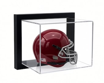 Soporte de pared acrílico enmarcado para mini casco de fútbol americano, con protección UV y montaje seguro.