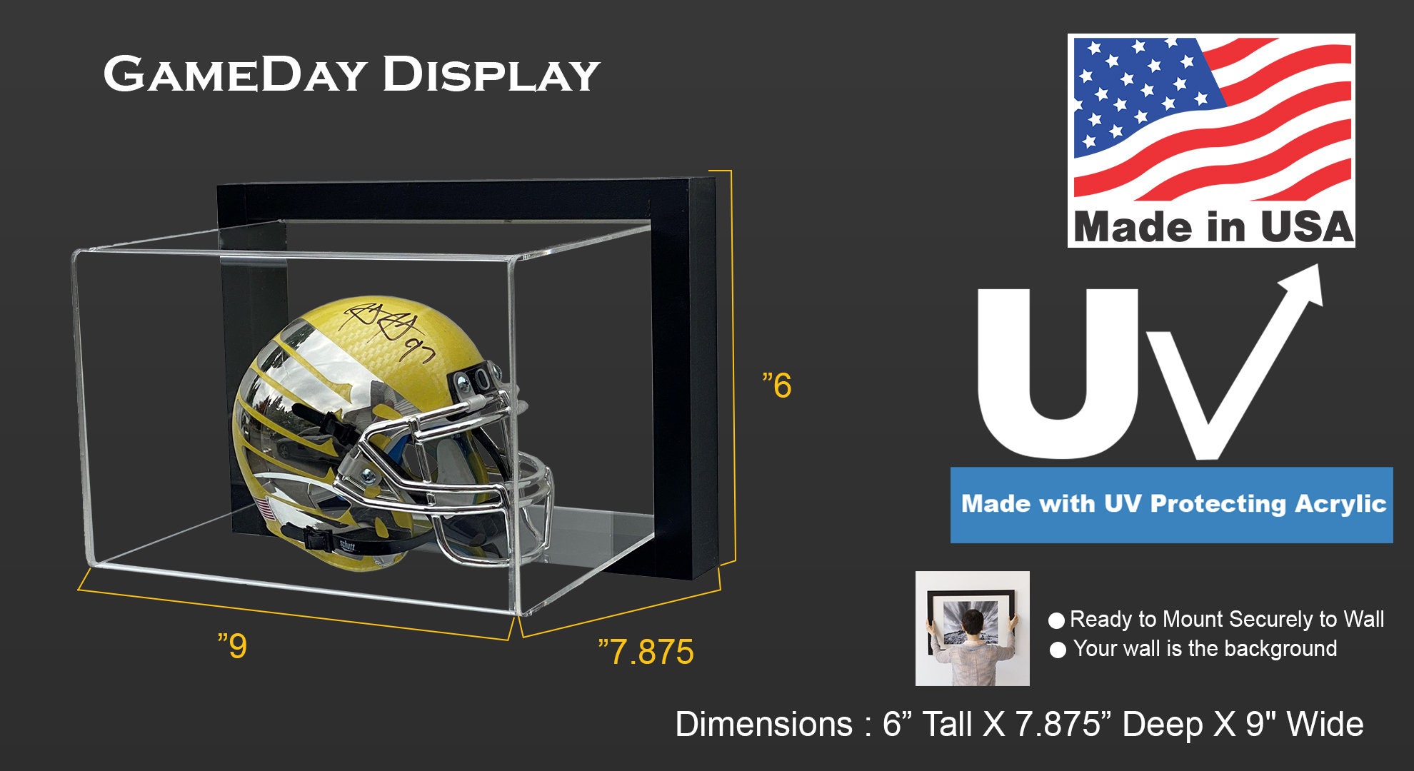 Wall Mounted Full-Size Football Helmet Display Case With Mirrored Back Black Wood Frame New I23913305