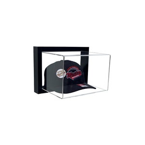May include: A black acrylic display case with a black frame, showcasing a black baseball cap with a red and white logo that reads "Western Regional".