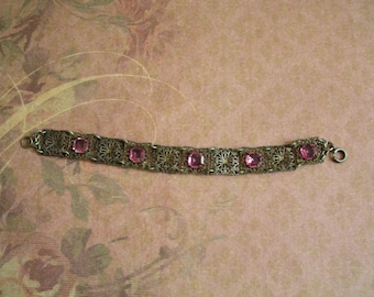 Vintage 1920s Czech Pink Glass Rhinestones Enamel Filigree Bracelet