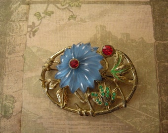 Vintage Art Deco Paste Rhinestones Plastic Floral Brooch