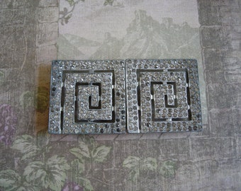 Vintage 1930s Art Deco Greek Key Paste Rhinestones Pot Metal Buckle