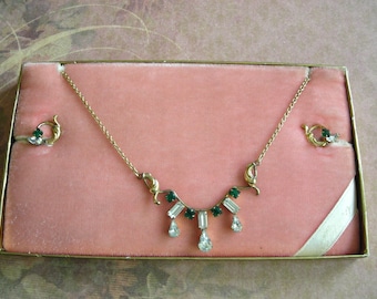 Vintage 1950s AMCO Gold Filled Necklace and Earring Set with Rhinestones in Original Velvet Box