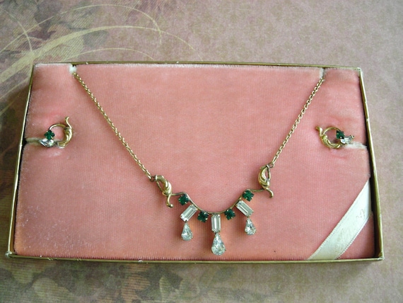 Vintage 1950s AMCO Gold Filled Necklace and Earring Set with Rhinestones in Original Velvet Box