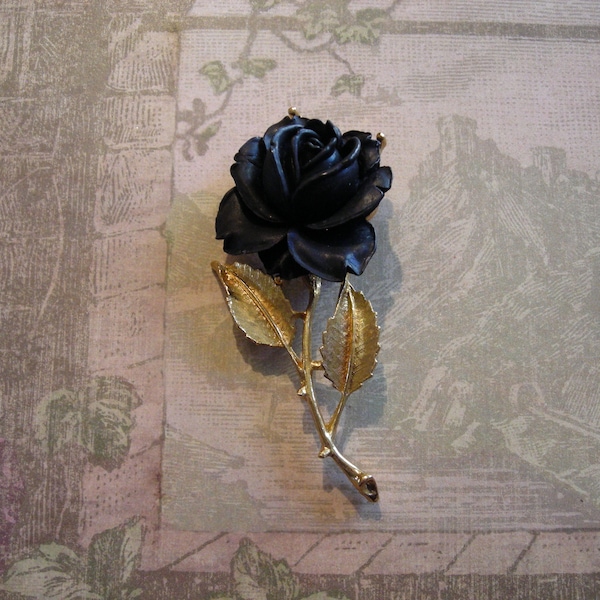 Vintage 1980s Black Rose Goldtone Pin Brooch