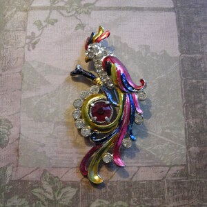 Vintage Art Deco Parrot Paste Rhinestones Potmetal Enamel Brooch Pin