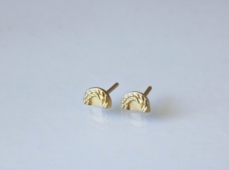 14k Small Solid Gold Post Earrings, Gold Stud Earrings, Dainty Small Boho Half Circle Braided Antique Style Earrings, 14k Wedding Gold Studs image 5