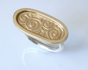 Artistic Pattern Oblong Signet Ring, Signet Ring, 925 Silver Ring, Gold Ring, Boho Ring, Unique Ring, Two Toned Ring