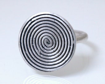 Statement Silver Ring For Women, Rustic Textured Round Ring With A Big Spiral, Unique Boho Ethnic Indian Antique style Handmade Jewelry