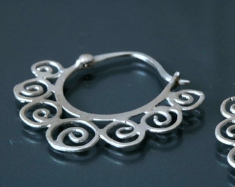 Silver Hoop Earrings, Unique Oxidized Sterling Silver Hoops with a Spiral Design, Boho Ethnic Creole Blackened Silver Hoops, Artisan Jewelry