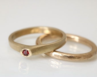 Garnet Centerstone 2 Piece Ring Set ,14K Gold, Dainty Ring Set, Delicate Ring Set, White Gold, Rose Gold, Yellow Gold