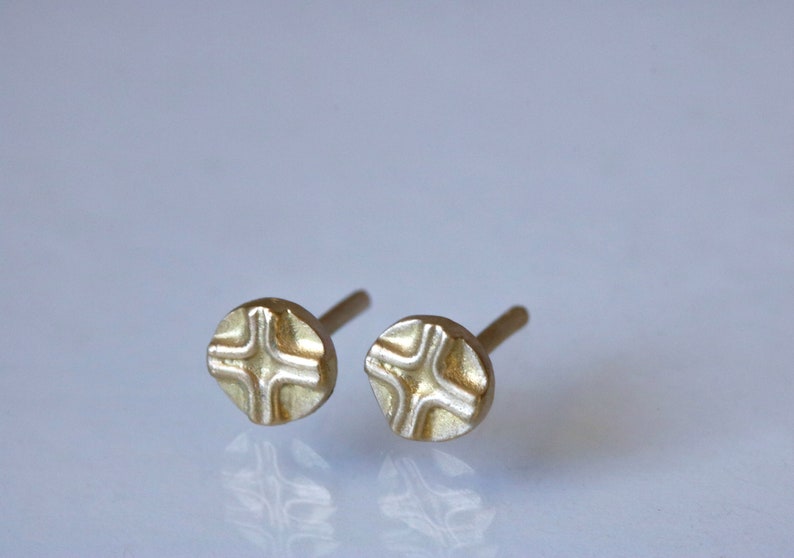 Gold Stud Earrings, Tiny 14k Solid Gold Post Earrings with an X Design, Dainty Small Boho Circular Ethnic Second Hole Earrings, Wedding Stud image 5