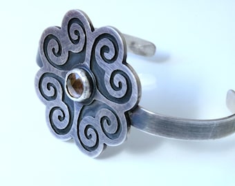 Sterling Silver Oxidized Ethnic Artisan Cuff with Flowers, Spirals and Smoky Quartz for Women