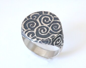 Oxidized Silver Patterned Signet Ring, Signet Ring, Sterling Silver Ring, Oxidized Silver, Artistic Ring, Pattern Ring