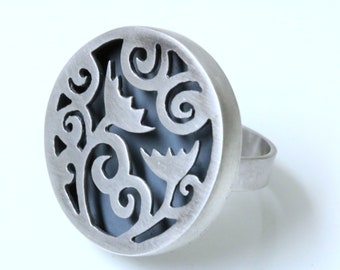 Statement Silver Ring For Women, Round Nature Inspired Filigree Boho Ring, Unique Big Handmade Flowers And Spirals Signet Ring