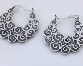 Silver Hoop Earrings, Unique Oxidized Sterling Silver Hoops with a Spiral Design, Boho Ethnic Creole Blackened Silver Hoops, Artisan Jewelry