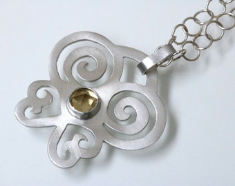 Sterling Silver Spirals Butterfly with Citrine, Ethnic Silver Necklace with a Yellow Stone Setting