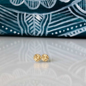 Gold Stud Earrings, Tiny 14k Solid Gold Post Earrings with an X Design, Dainty Small Boho Circular Ethnic Second Hole Earrings, Wedding Stud image 2