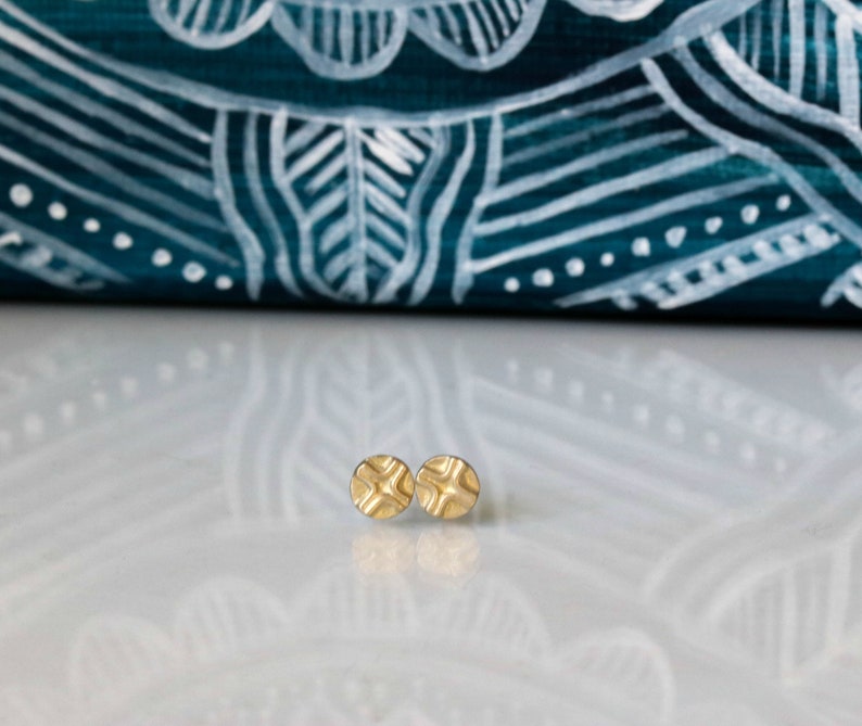 Gold Stud Earrings, Tiny 14k Solid Gold Post Earrings with an X Design, Dainty Small Boho Circular Ethnic Second Hole Earrings, Wedding Stud image 2