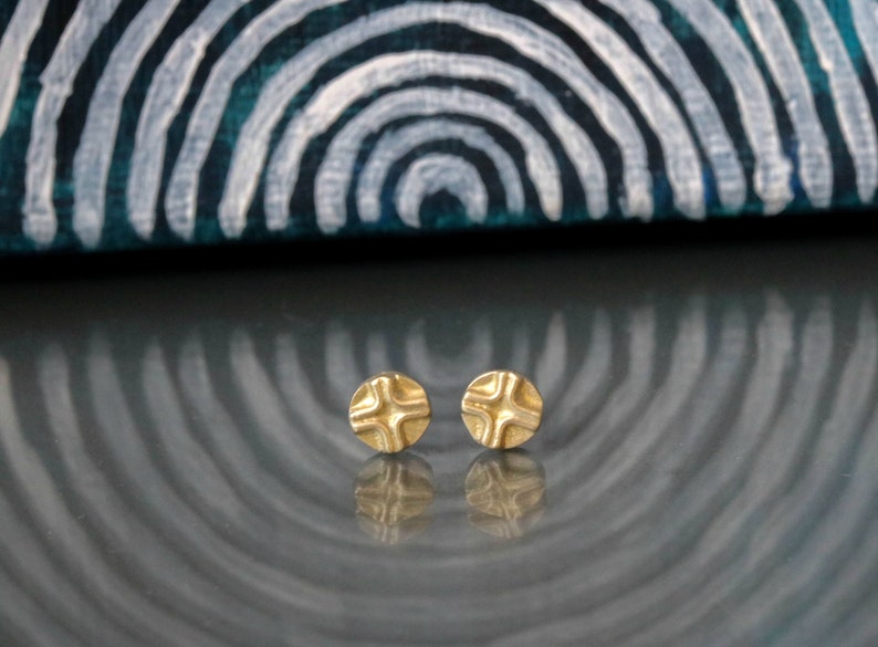 Gold Stud Earrings, Tiny 14k Solid Gold Post Earrings with an X Design, Dainty Small Boho Circular Ethnic Second Hole Earrings, Wedding Stud image 4